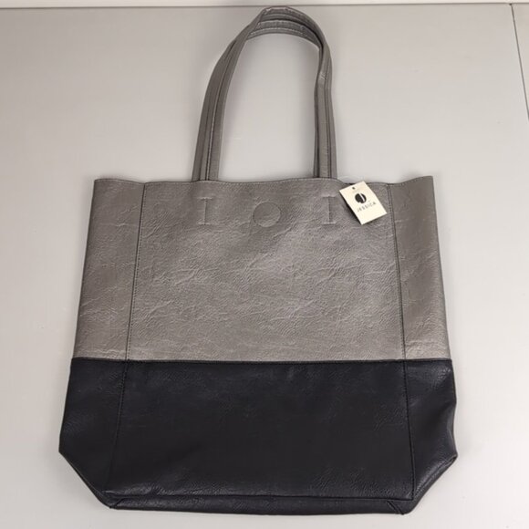 NEW Jessica Faux Leather Shoulder Bag Color Block Large Tote Purse Silver Black - Picture 11 of 11
